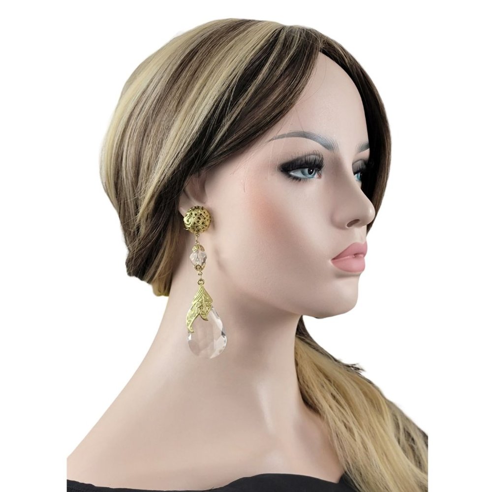 Large Faux Crystal Teardrop Gold Tone Filigree Long Clip On Dangle Earrings